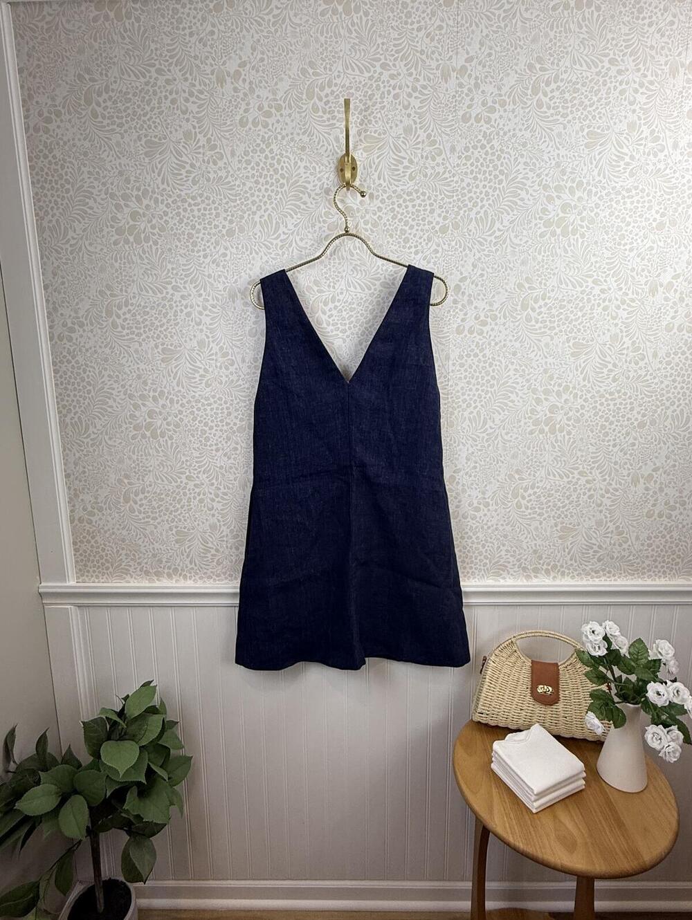 Theory Navy Linen Sleeveless V-Neck Shift Mini Dress - Size - Small - Picture 3 of 6